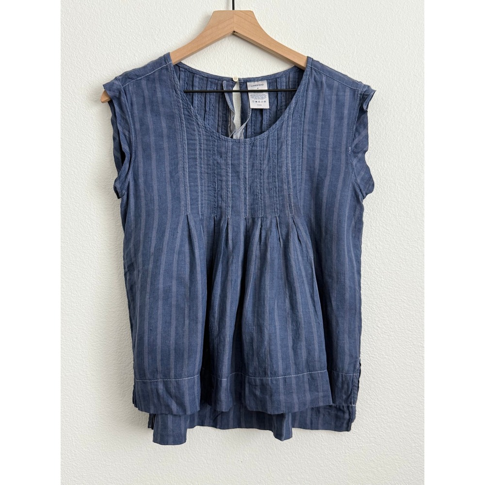 Lands End Blue Striped Linen Tank Top 4P Coastal Boho Pintuck Pleated Blouse